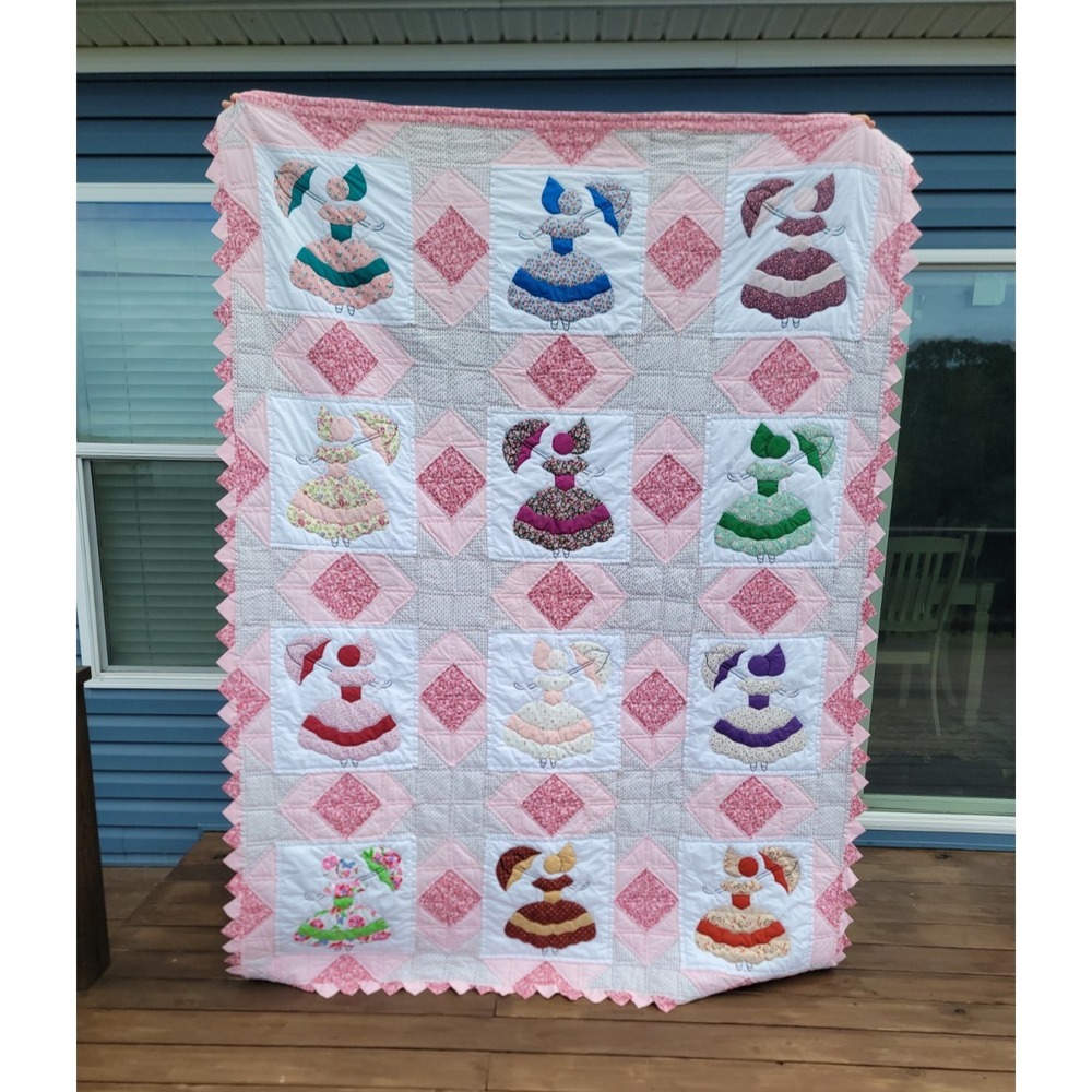 Vintage Sunbonnet Sue Quilt 69x93 Pink Machine Stitched Farmhouse Cottagecore